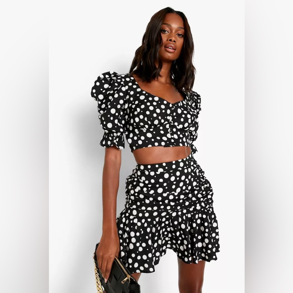 POLKA DOT PUFF SLEEVE TOP & RUCHED MINI SKIRT